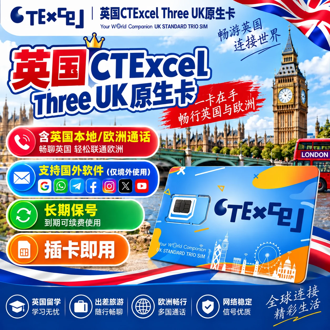 英国电话卡｜中国大陆可用｜英国手机号码流量卡｜英国保号卡｜15G-700G｜15天-180天｜实体SIM/eSIM